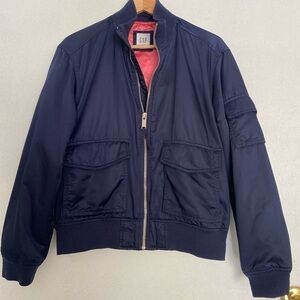 GAP NAVY BLUE BOMBER JACKET WITH PINK LINING AND POCKETS SIZE M